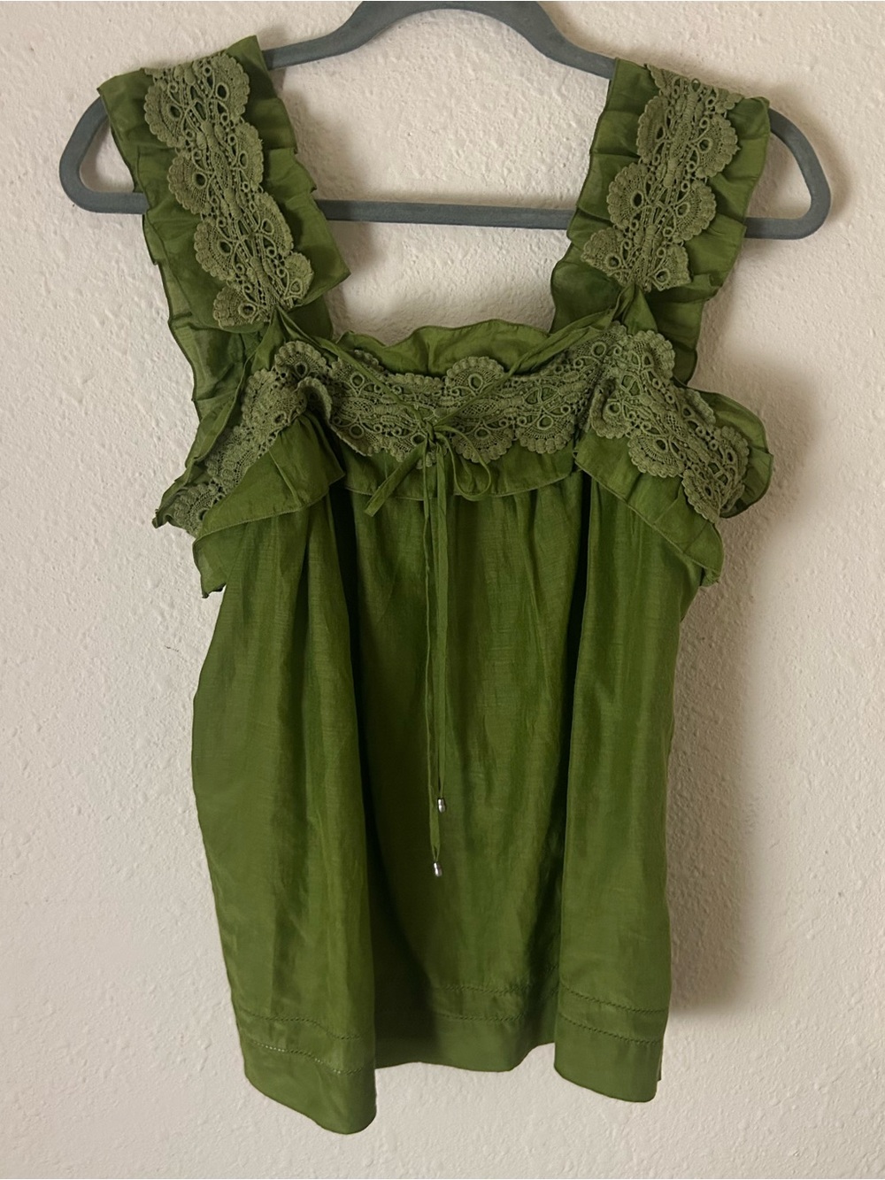 Fairycore silk & cotton Olive Green Lace-Trim Sleeveless Women’s Top